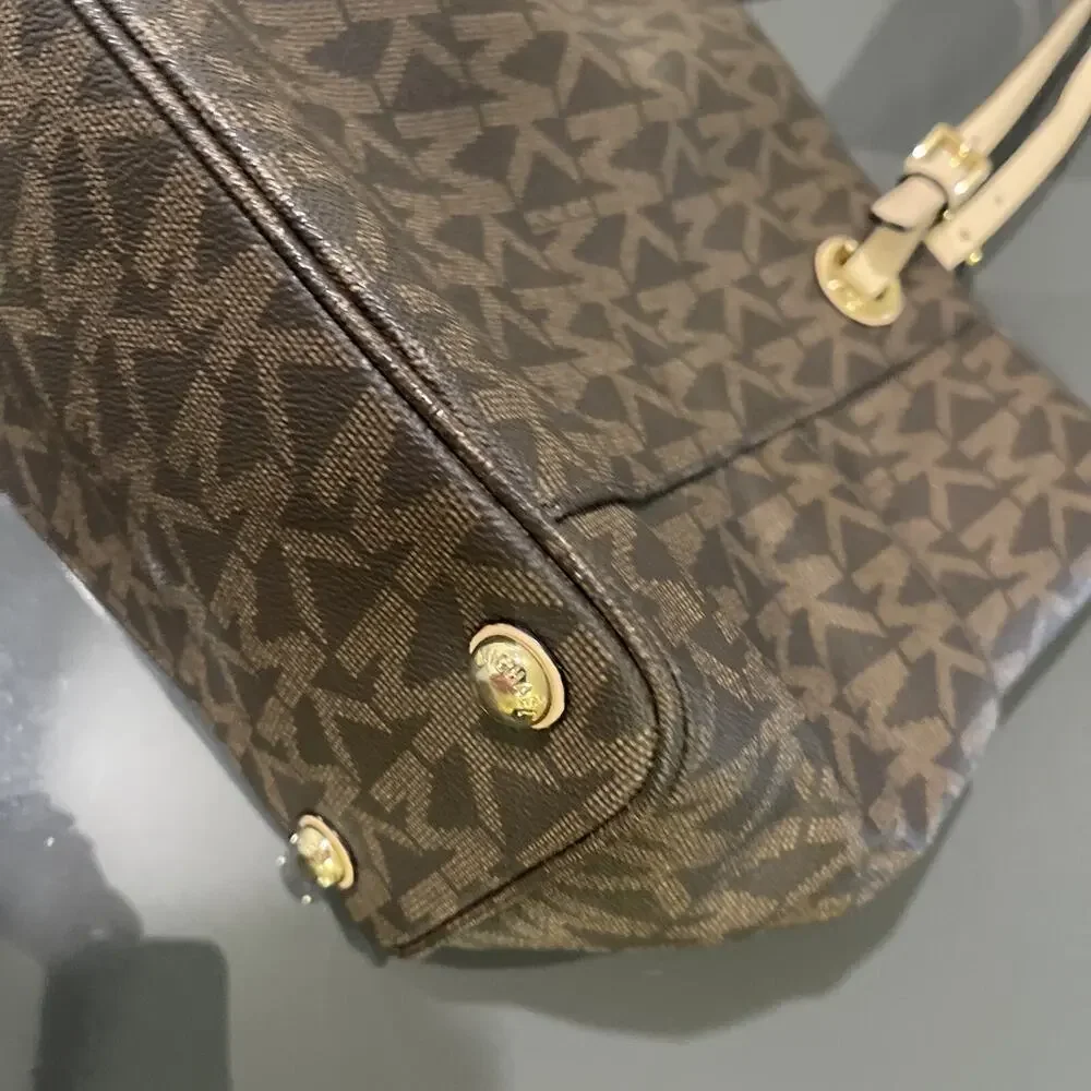 Michael Kors Jet Set MK Logo Brown Leather Tote Bag Purse